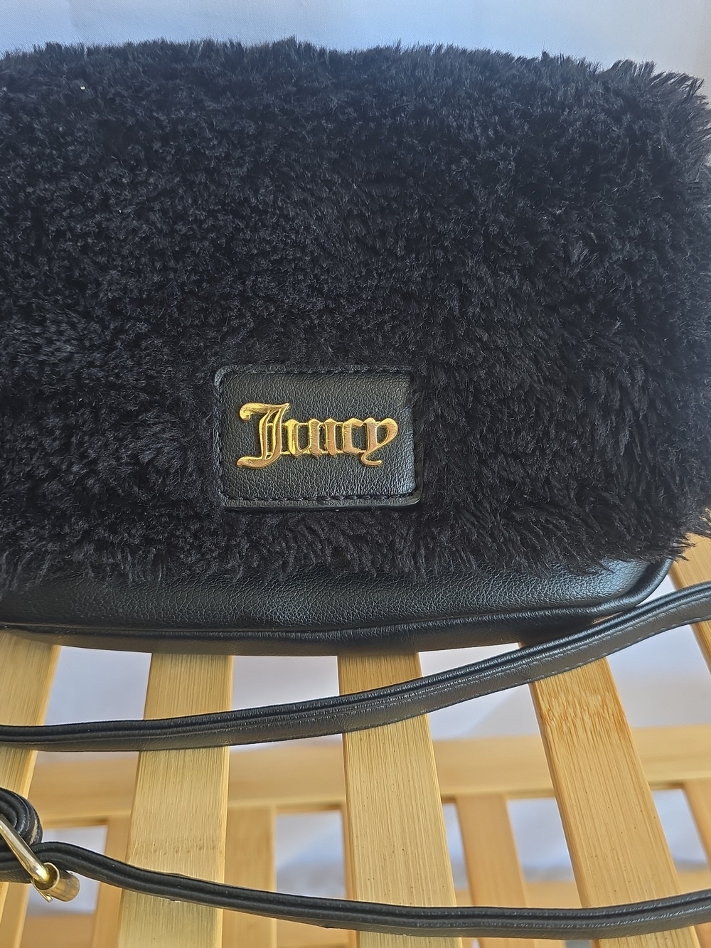 Juicy Couture Faux Fur Black Gold Small Crossbody Purse Bag
